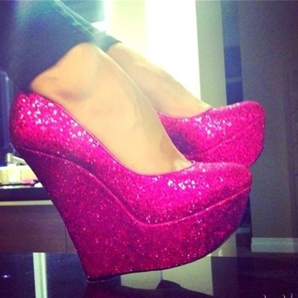 

brand design big size 47 sexy platform sequined bling Women wedges Shoes pumps women Sexy Party high heels Shoes Woman heeled