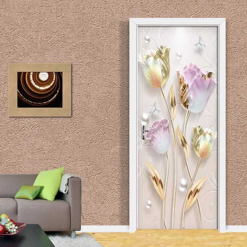 Details about  / 3D Home Art Door Self Adhesive Removable Sticker Flowers Plants White tulips