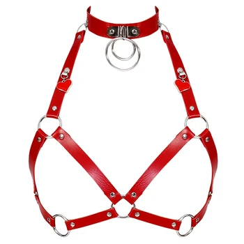 

Red Leather Harness Belt Body Bondage Lingerie Sexy Tops Caged Bra Punk Goth Rave Dance Fetish Festival Underwear for Women