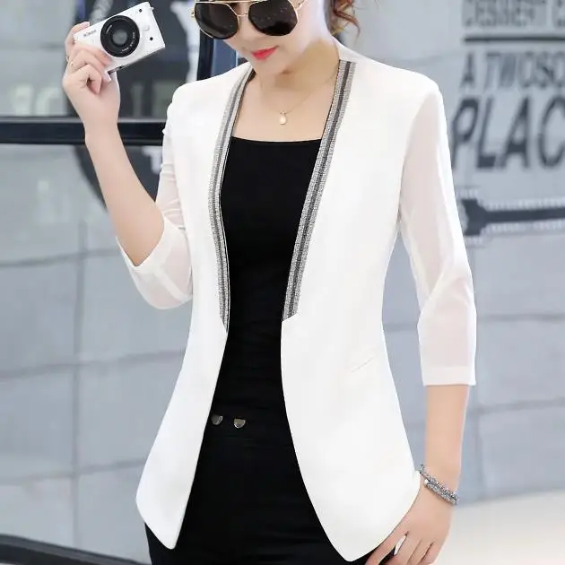 

plus size 4XL 2018 summer new short Slim cardigan mesh beading patchwork three quarter suit female thin tops shawl suit