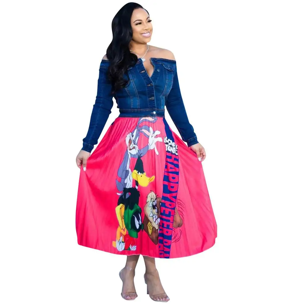 

New Fashion High Waist Digital Print Cartoon Pleated Skirt 2019 Spring Summer Midi Skirts Elastic Waist A Line Long Skirts Women