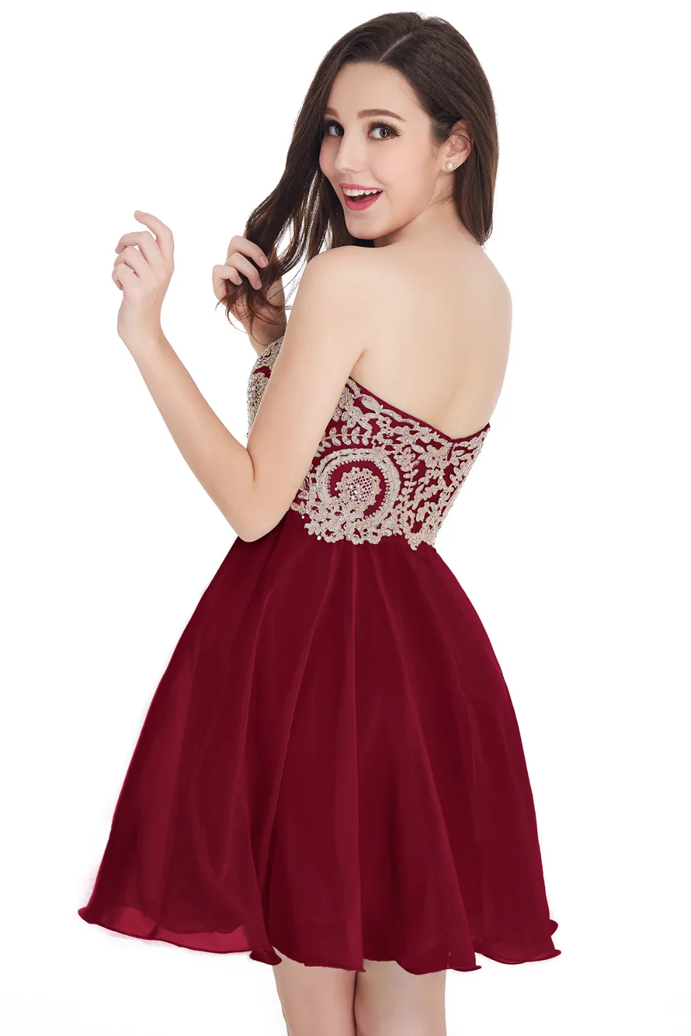 Cocktail Dresses Sexy Open Back Golden Lace Chiffon Real Image Short Party Prom Gowns Robe De Soiree Courte Formal Occasion