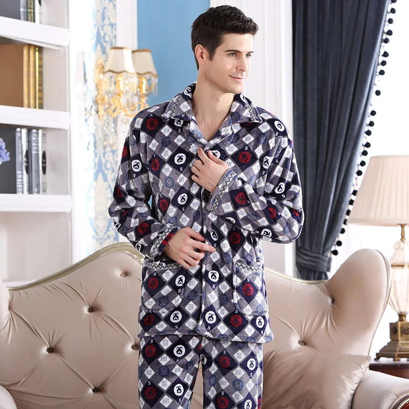 Мужские зимние толстые теплые пижамы костюмы фланелевые пижамы мужские спящие ночи Осенняя Ночная одежда для мужчин L-2XL JW347