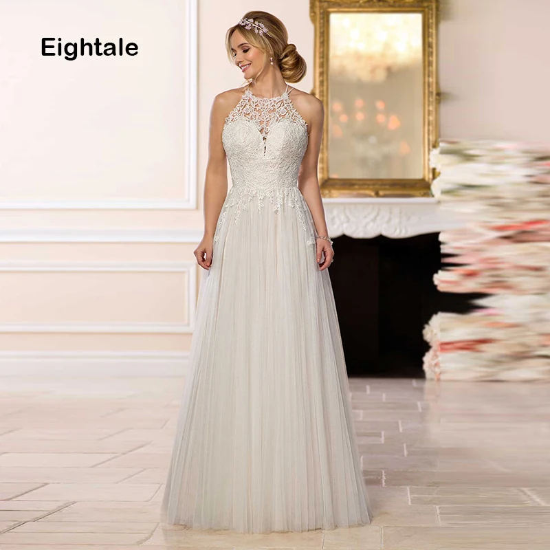 

Eightale Simple Wedding Dress The Bride Halter A Line Appliques Princess Lace Tulle White Wedding Gowns abiti da sposa 2019