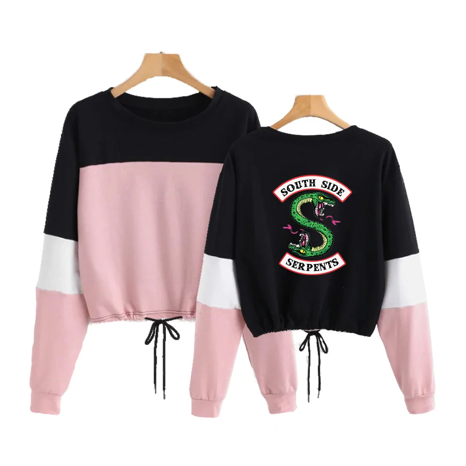 قطرة التسوق Riverdale Southside جولة الرقبة التباين اللون طويل الأكمام حبل بلوزات عارضة المرأة بلوزات 2019 المحاصيل الأعلى