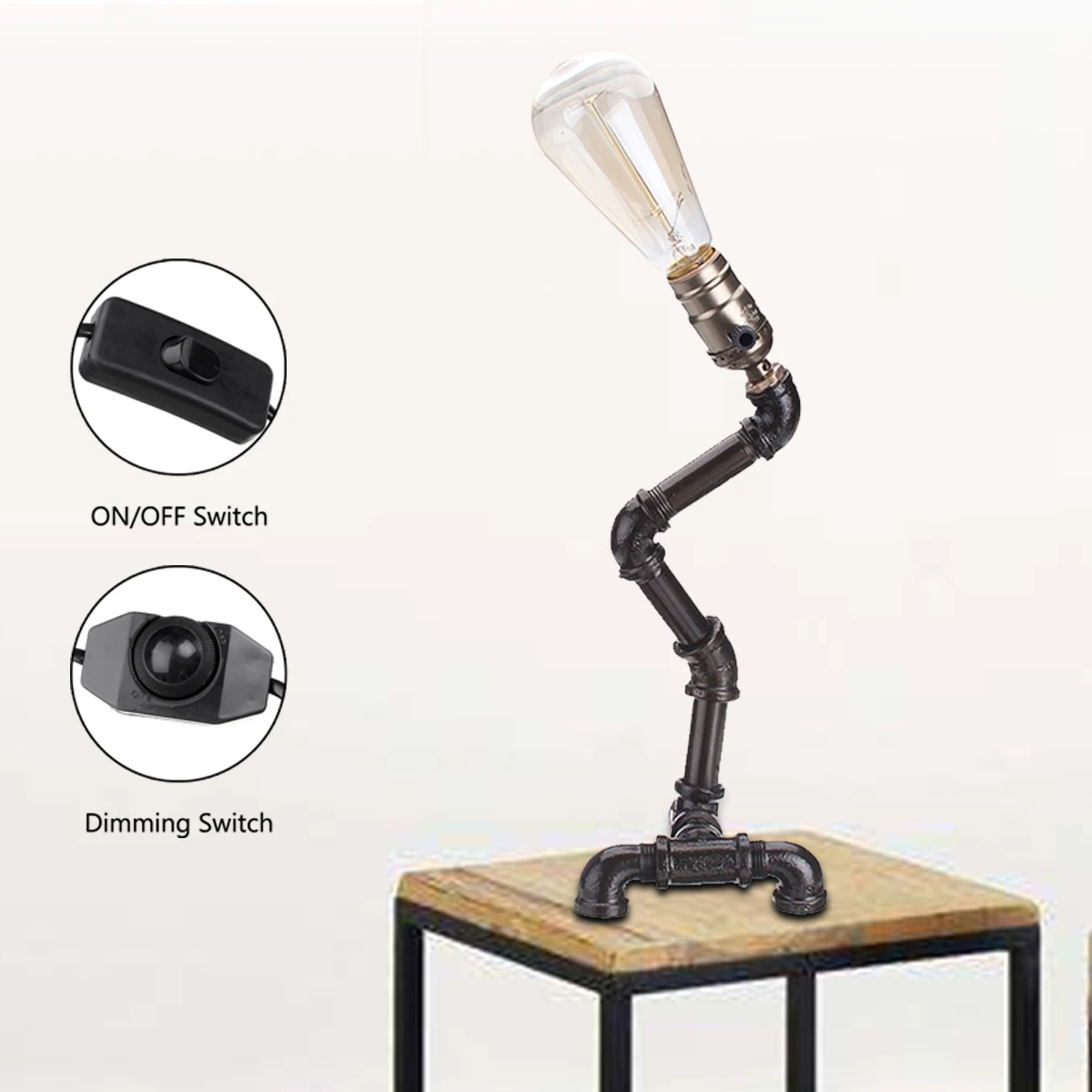 

240V Table Lampsfor Living Room Bedroom LED Night Light Dimming/ON OF Switch Retro Iron Pipe Lamp Light Bulb E27 for Home Decor