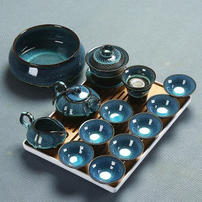 Китайский чайный набор кунг-фу голубая Янтарная глазурь керамическая крышка миска чайник чайная чашка чайная стирка чайный набор домашний простой чайный набор - Цвет: 12 Sets