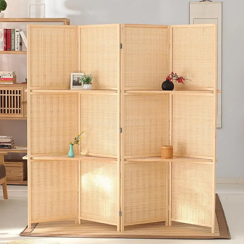 

Bamboo 4 Panel Folding Room Divider Screen w/ Removable Storage Shelves Hinged Privacy Screen Portable Folding Room Divider