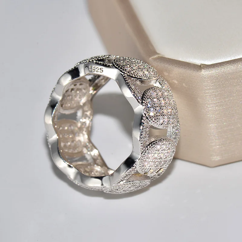 Роскошный большой чистый Чешский хрусталь кольцо Уникальный волновой стиль 925 стерлингового серебра полые Свадебные ювелирные изделия обещают любовь кольца для мужчин и женщин