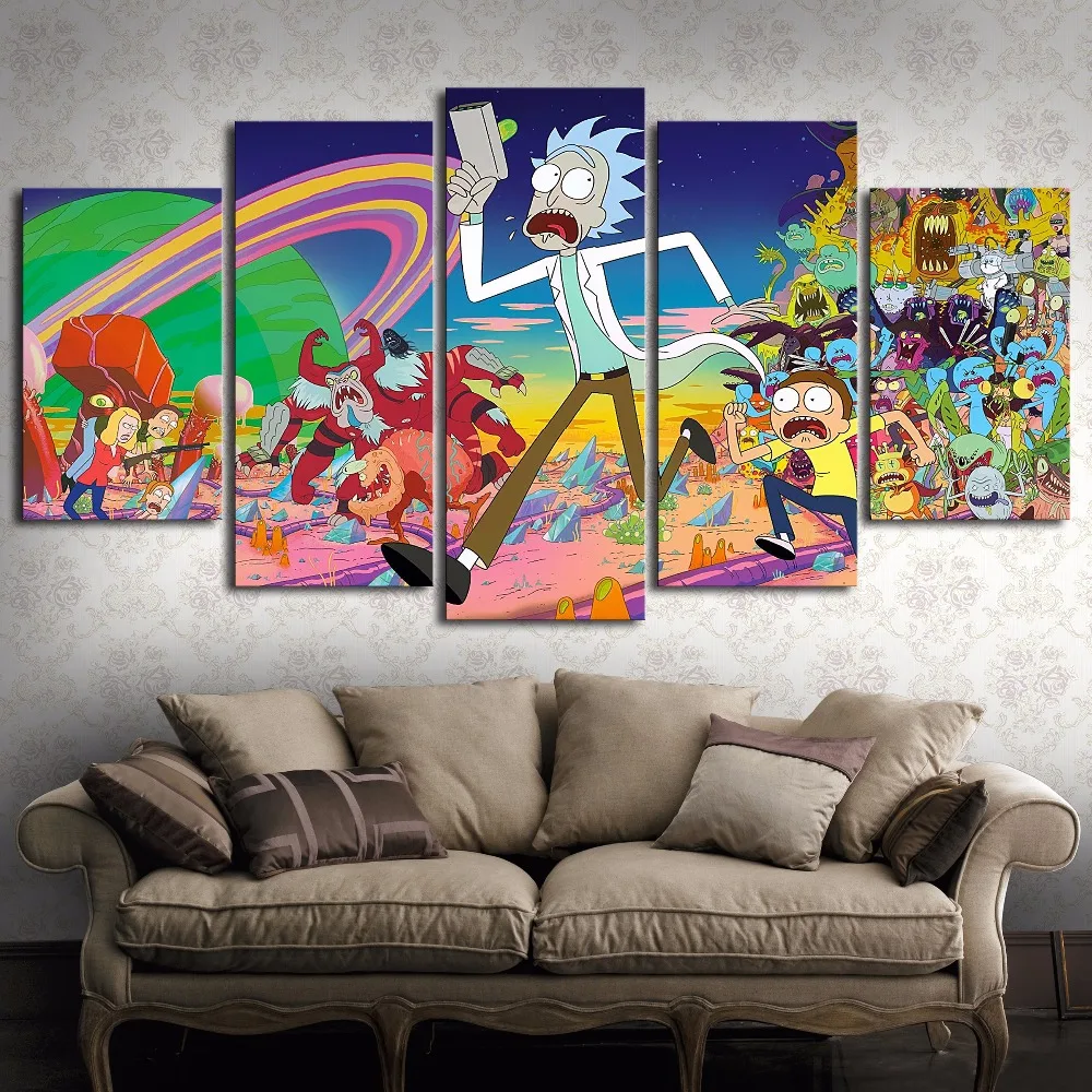 

Home Decor Canvas Living Room HD Printed Modern 5 Panel Cartoon Rick And Morty Pictures Painting Wall Art Modular Poster Frame