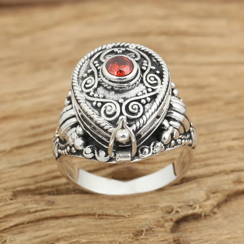 

FNJ 925 Silver Gawu Box Ring New Fashion Red Zircon Open Jewelry Original S925 Sterling Silver Rings for Women Size 7.25-9 bague
