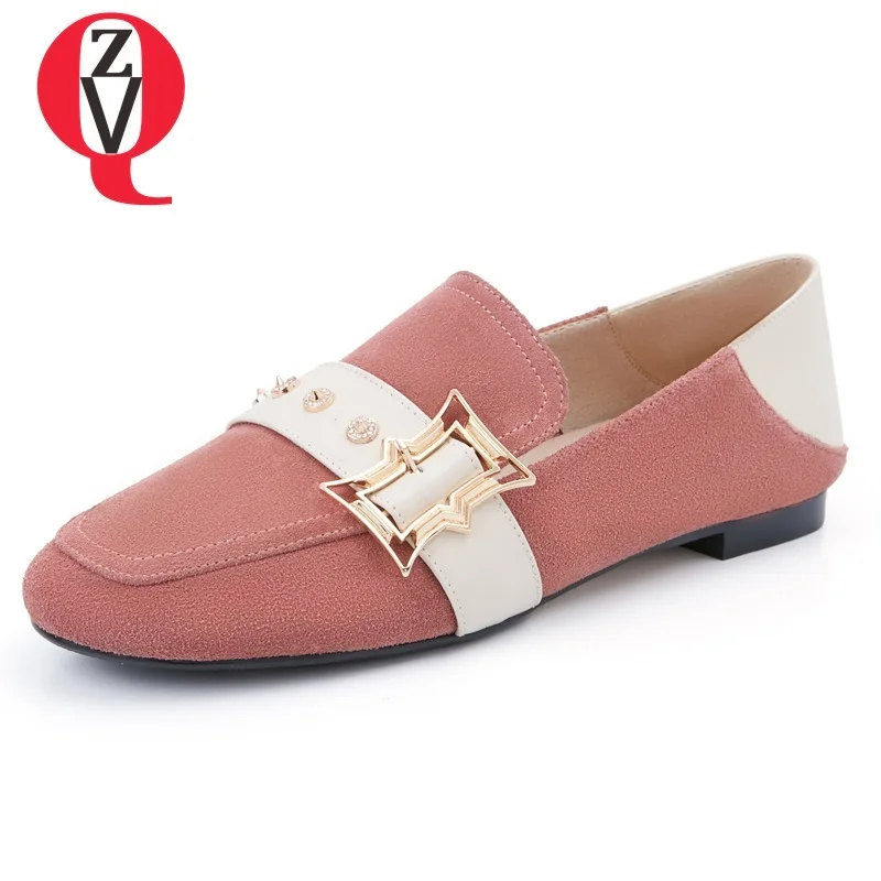 

ZVQ 2019 spring newest concise casual high quality cow suede square toe women flats outside comfortable metal decoration shoes