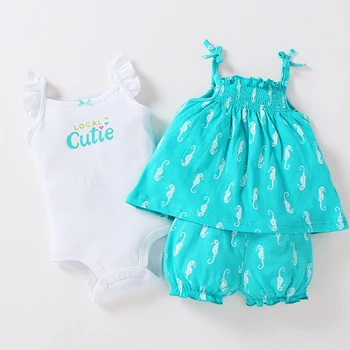 

2018 New Summer 3Pcs/Set Cotton Sleeveless T shirt Baby girls Clothes Set Baby Tops Tee+ Bodysuit+ Short