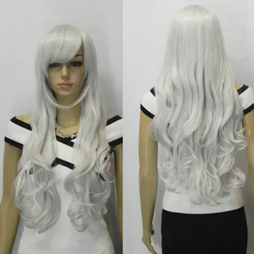

33 inch Harajuku Anime Wig Cosplay Heat Resistant Synthetic Curly Wavy Long Wigs Silver white Peruca Pelucas