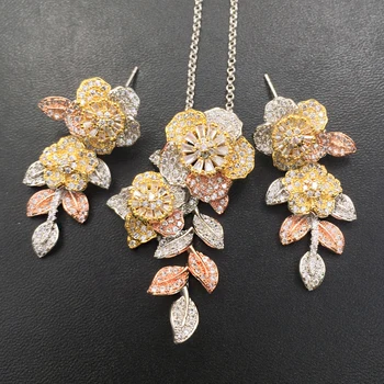 

Lanyika Jewelry Set Graceful Vivid Flower with Leaf Zircon Micro Plated Necklace with Earrings Woman Wedding Bridal Best Gifts