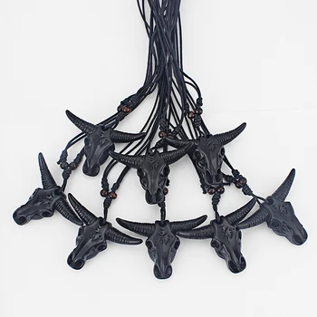 

12PCS Ethnic Black Imitation Yak Bone Carving Yoga Symbol Tribal Bull/OX/Cattle Skull Head Pendant Necklace for Men Jewelry