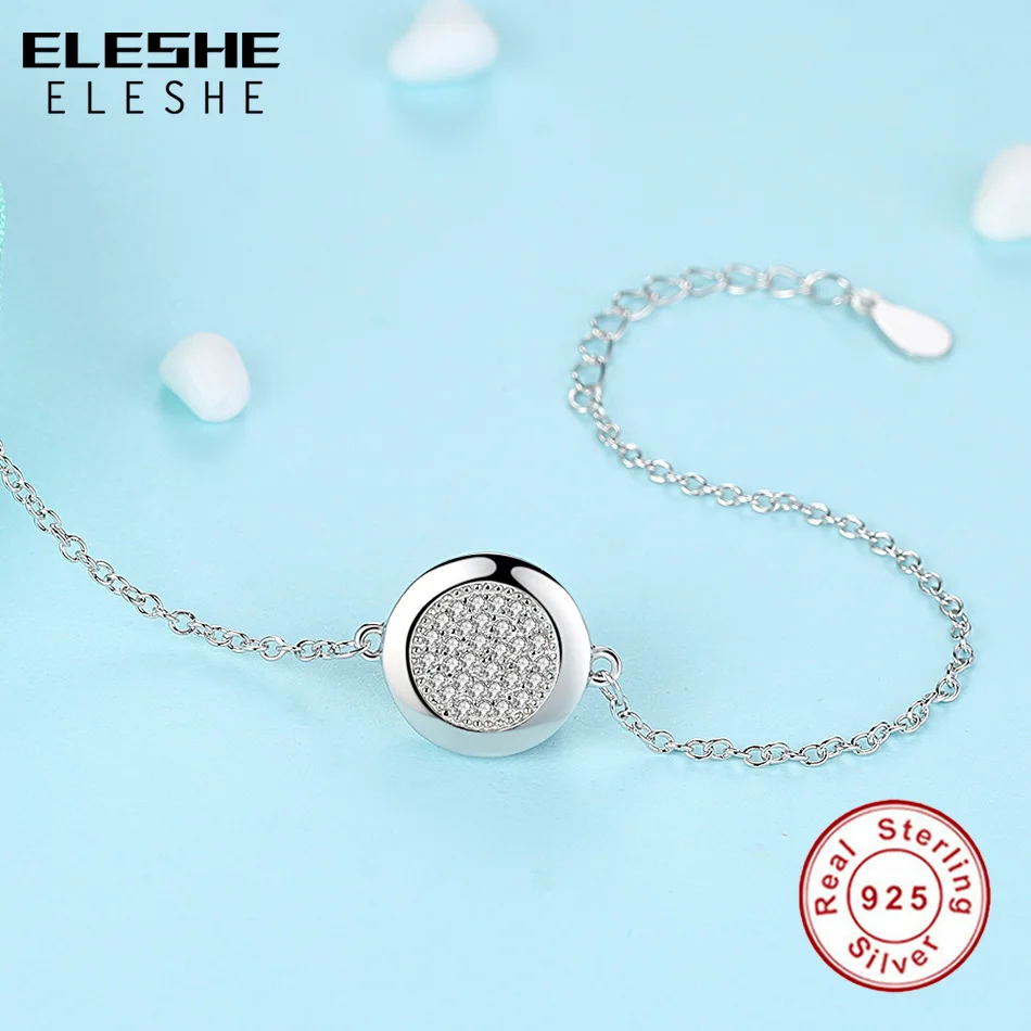ELESHE Authentic Pure 925 Sterling Silver Clear CZ Round Charm Bracelets & Bangles Luxury Sterling Silver Jewelry