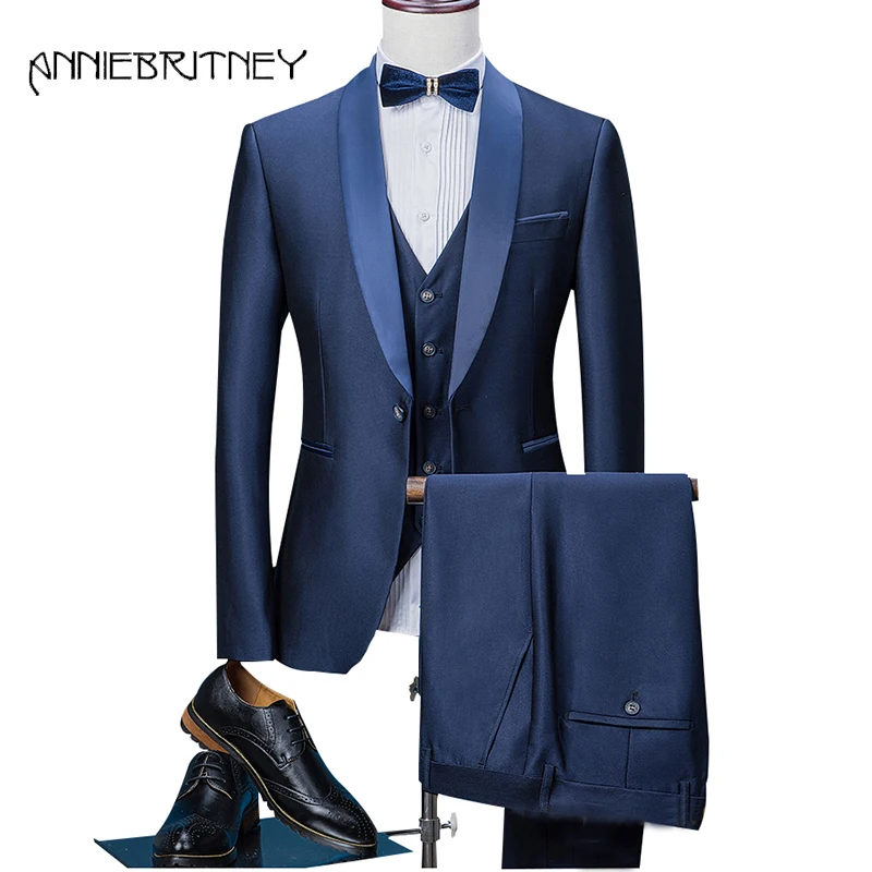 2018 Navy Blue Formal Wedding Suits for Men Satin Shawl Lapel Slim Fit Groom Tuxedo Retros Blazer 3 Pieces Ternos Masculino