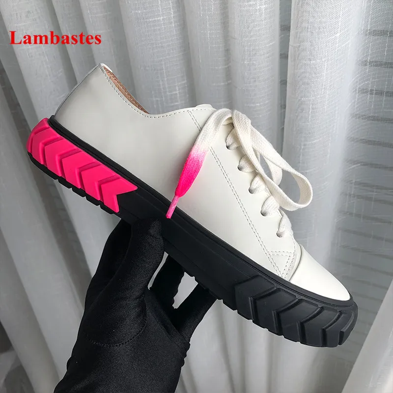 

White Shoes Women 2019 New Mixed Color Strappy Leather Platform Women Sneakers Cross-tied Round Toe Flats Mujer Chaussures Femme