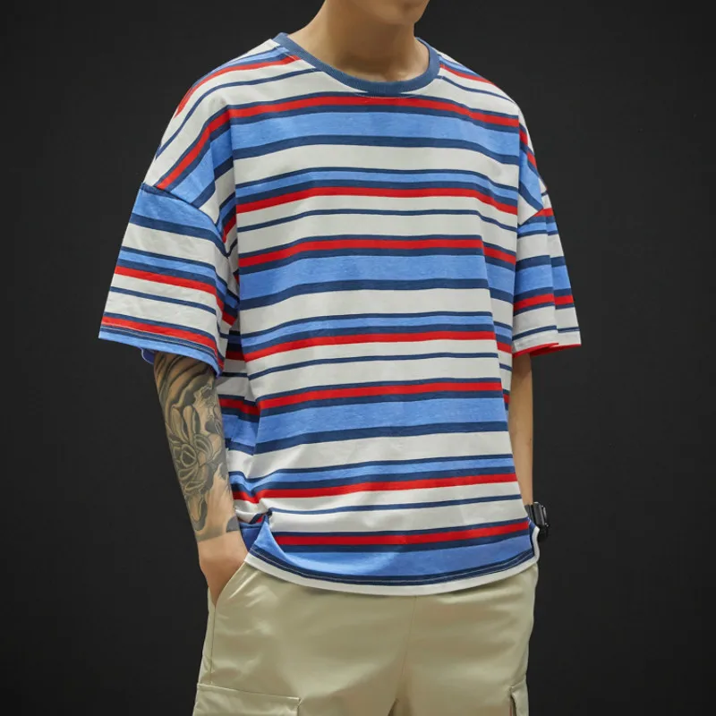 

YASUGUOJI New Summer Cotton Short Sleeve T-shirt Men Streetwear Loose O-Neck T Shirt Mens T Shirts Fashion 2019 Striped Tees Men