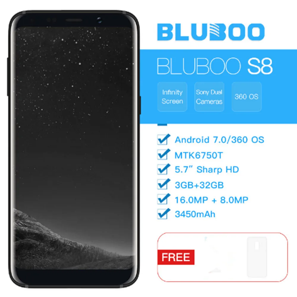 Bluboo S8 мобильный телефон 5," HD+ 1440x720 пикселей Android 7,0 Nougat MTK6750T Восьмиядерный 1,5 ГГц 3 ГБ 32 ГБ 3450 мАч батарея две sim-карты