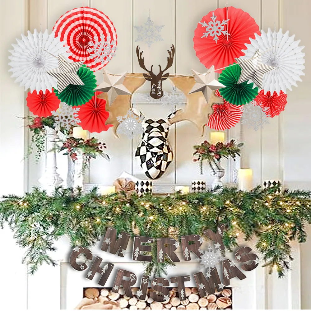 8pcs Christmas Decoration Kit Merry Christmas Banner Elk 3D Star Garland Glitter Snowflake
