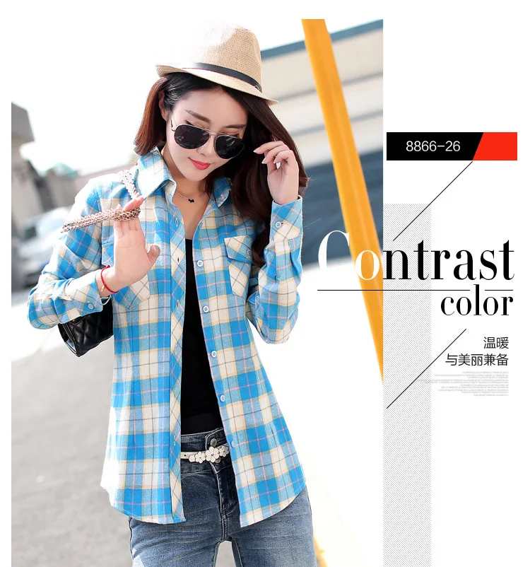 Blusa xadrez de flanela feminina, camisa casual