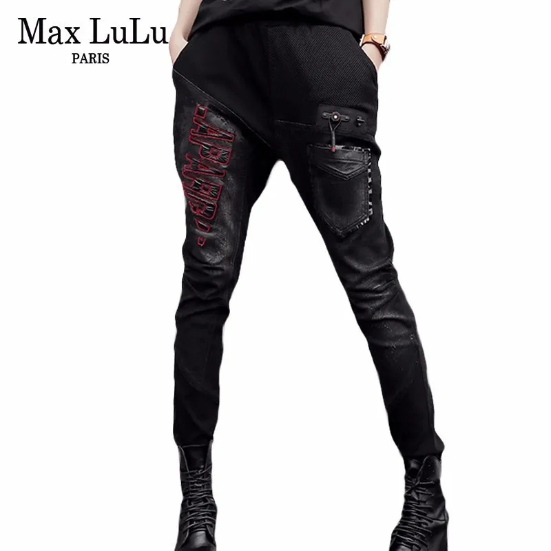 

Max LuLu Spring Luxury Korean Brand Ladies Punk Harem Pants Womens Black Denim Jeans Embroidery Woman Stretch Trousers Plus Size