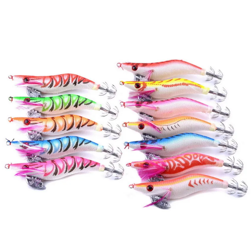 Fishing Lure Set 8.5CM 10.8G Squid Jigs 2.5# Hook Wooden Shrimp Fishing Lures Artificial Lures Wood Shrimp Squid Fishing Bait