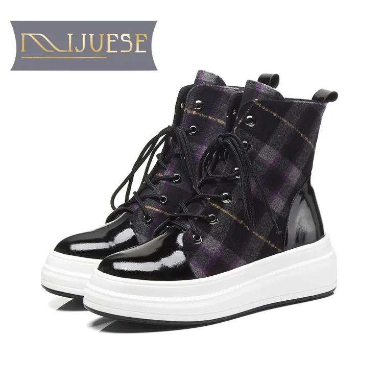 

MLJUESE 2019 women ankle boots cow leather lace up mixed colors winter warm fur boots platform flats women boots size 34-40