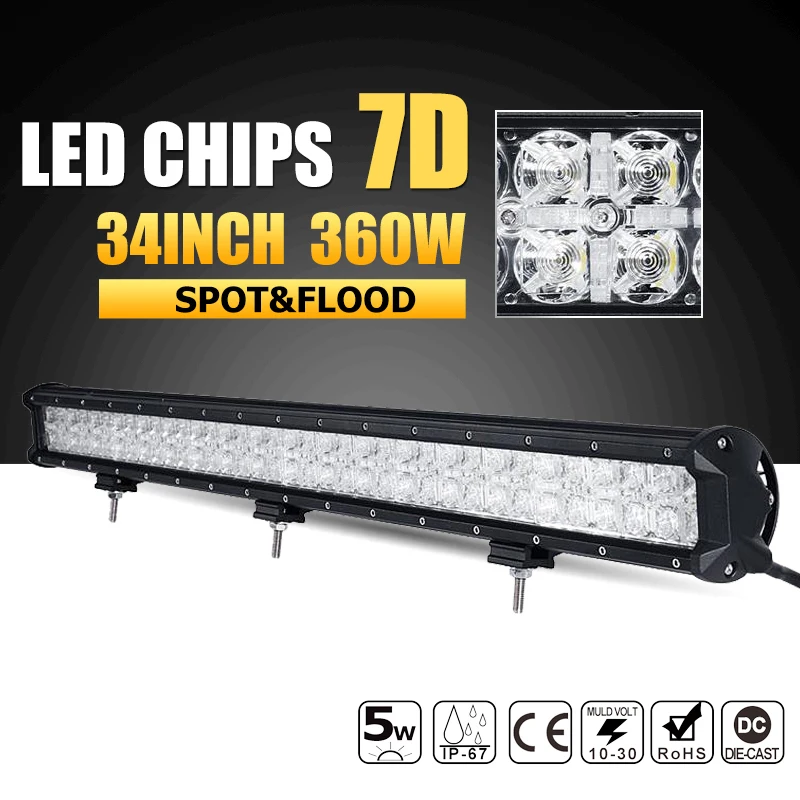 Светодиодная балка Oslamp 7D 34 дюйма 360 Вт комбинированный рабочий луч 12 В 24 для лодок