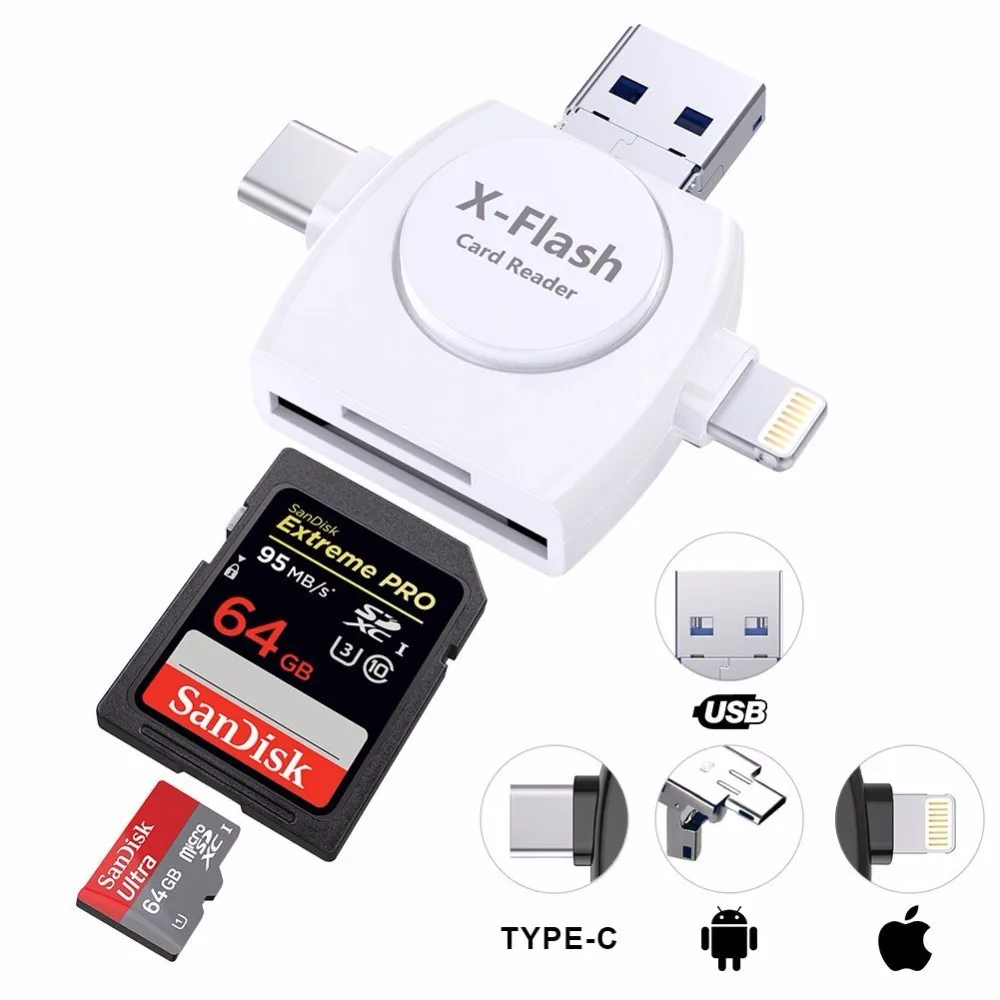 Саго SD Card Reader Micro SD Card Reader с USB C/Lightning/USB/Micro USB/TF памяти для iPhone7/7 Plus/ipad OTG картридер