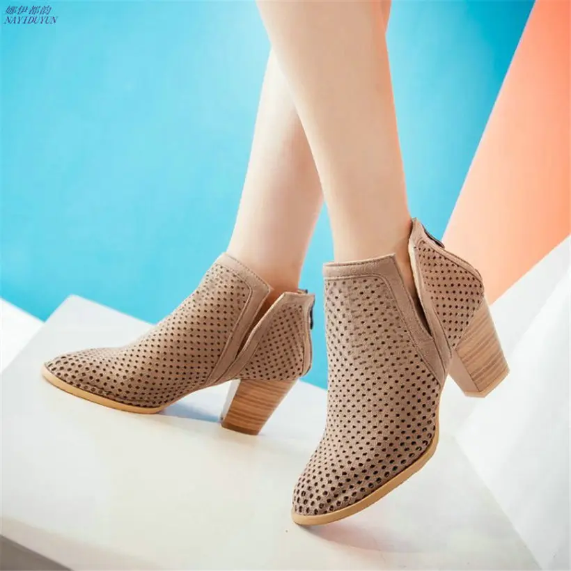 

NAYIDUYUN 2018 Breathable Shoes Women Faux Suede Round Toe Chunky High Heel Ankle Boots Summer Party Pumps Casual Shoes