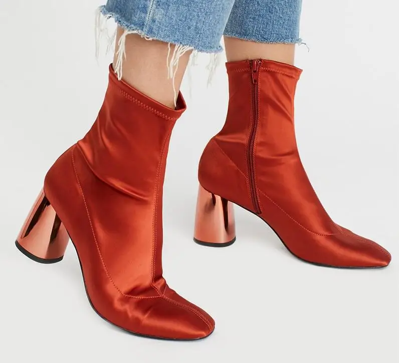 

2019 Fashion High Heel Boots Mirror Laser Chunky Heel Ladies Knight Boots Hot Orange Red Fabric Women Sexy Ankle Boots Size 42