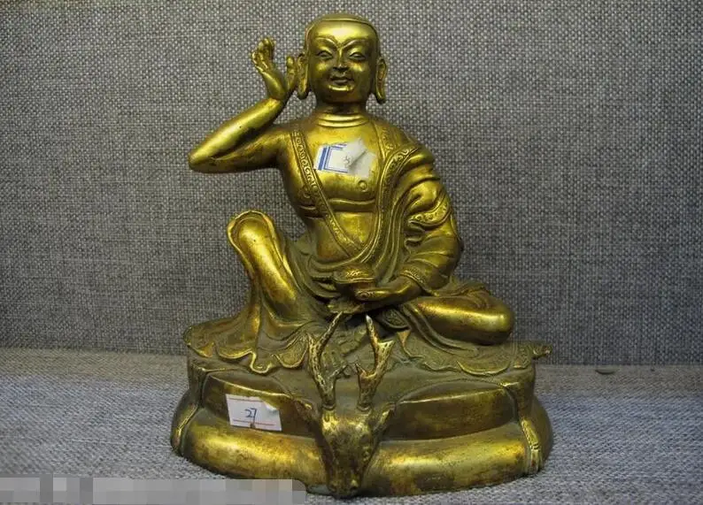 

7"Tibet Tibetan Buddhism Bronze Gilt Red Copper deer Head Milarepa Buddha Statue