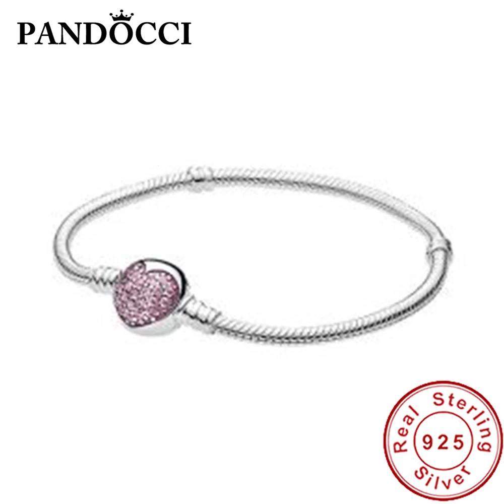 

PANDOCCI 100%925 Sterling Silver 1:1 Original Price 590743PCZ1 MOMENTS Silver Bracelet with SPARKLING HEART CLASP Pink Jewelry