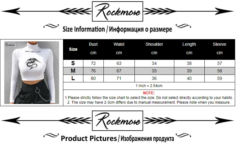 Rockmore облегающая футболка с принтом "Драконий шип", Женская белая водолазка с длинным рукавом, топы, футболки, женские хлопковые базовые футболки