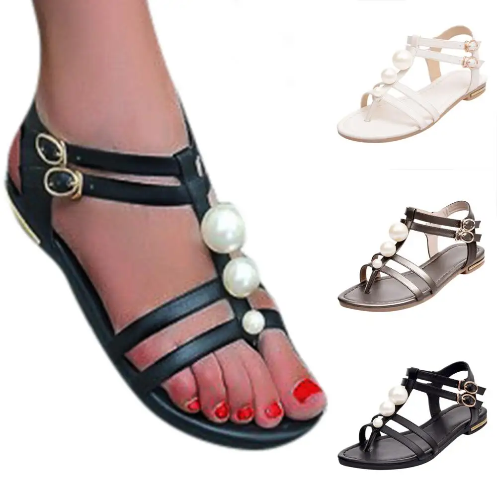 

Women's Flat Sandals With Pearls Open Toe Summer One Band Ankle Strap Buckle Casual Sandals platform plus size