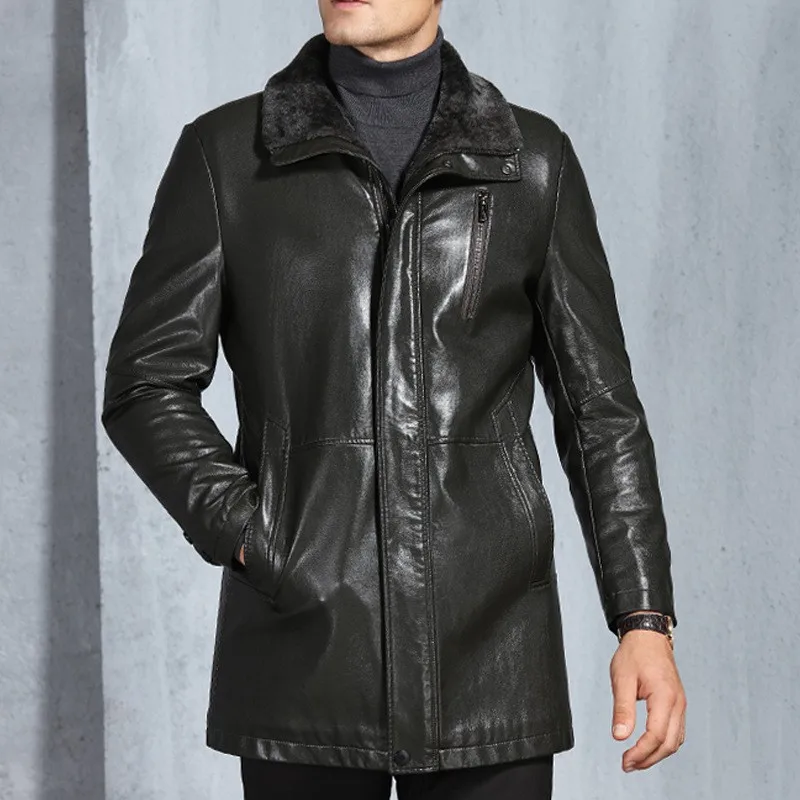 Mens Winter High Quality Pu Leather Jacket Fur Lining Windbreaker Coat Office Work Business Man Slim Fit Warm Leather Jacket