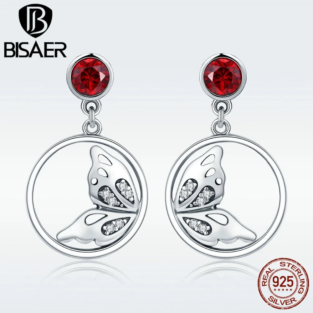 

BISAER Authentic 925 Sterling Silver Red CZ Butterfly Wings Round Drop Earrings for Women Fashion Silver Jewelry Gift HSE342