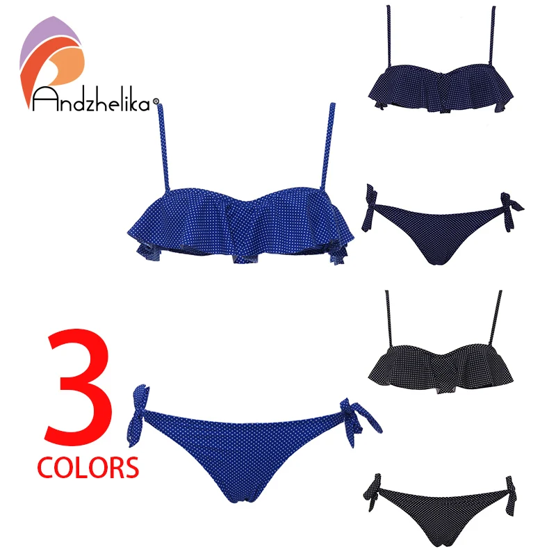Andzhelika 2018 Girsl Bikini Push Up Swimwear Sexy Dot Ruffles Bandeau Bikini Set Halter Bathing Summer Party Beach Suit AK81751