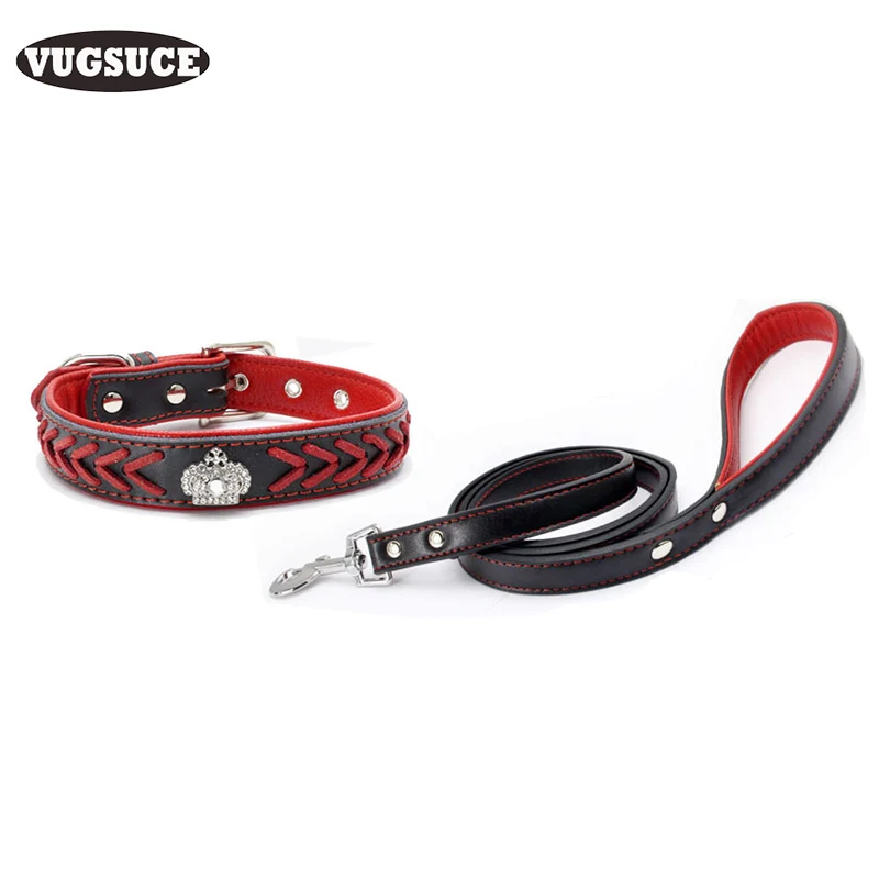 

VUGSUCE Leather Dog Collar Leash Set Rhinestones Crown Dog Collar Necklace Leads for Small Medium Dogs Adjustable Pet Products
