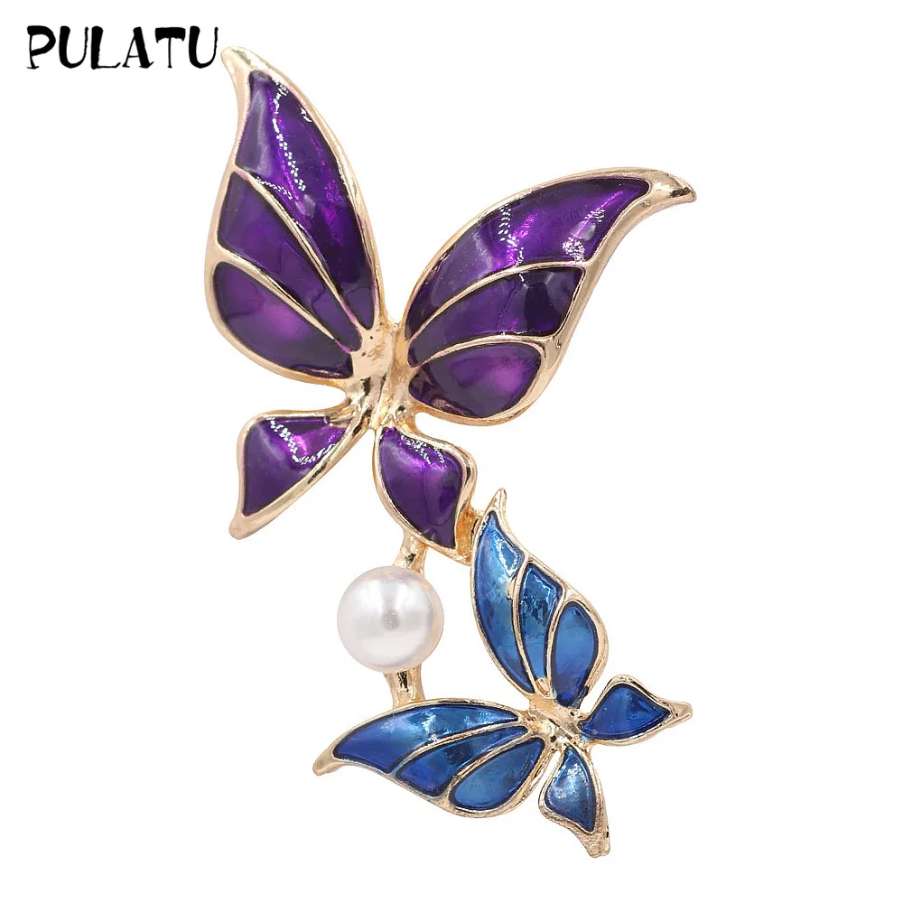 PULATU 2 Enamel Butterfly Brooch for Women Metal Insect Brooch Pins