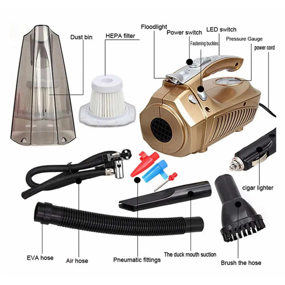 

Multi-function Portable Car Vacuum Cleaner 12V 100W Wet and Aspirador Pressure Pneumatic Lighting Tire inflatable Pump