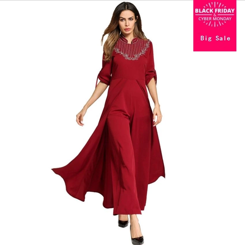 Muslim Adult embroidery beading jumpsuit with swing Abayas Ropa Mujer