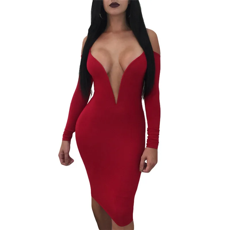 

Summer Dress Fashion Women Pure Color Tight Fitting V Collar Backless Camisole Long Sleeves Dress New Sexy Lady Dress Vestido