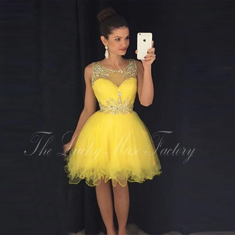 seguridad incrementar láser Vestidos de fiesta cortos elegantes 2017 pura cuello que rebordea a line  tulle amarillo nunca bastante corto barato vestidos de fiesta - AliExpress