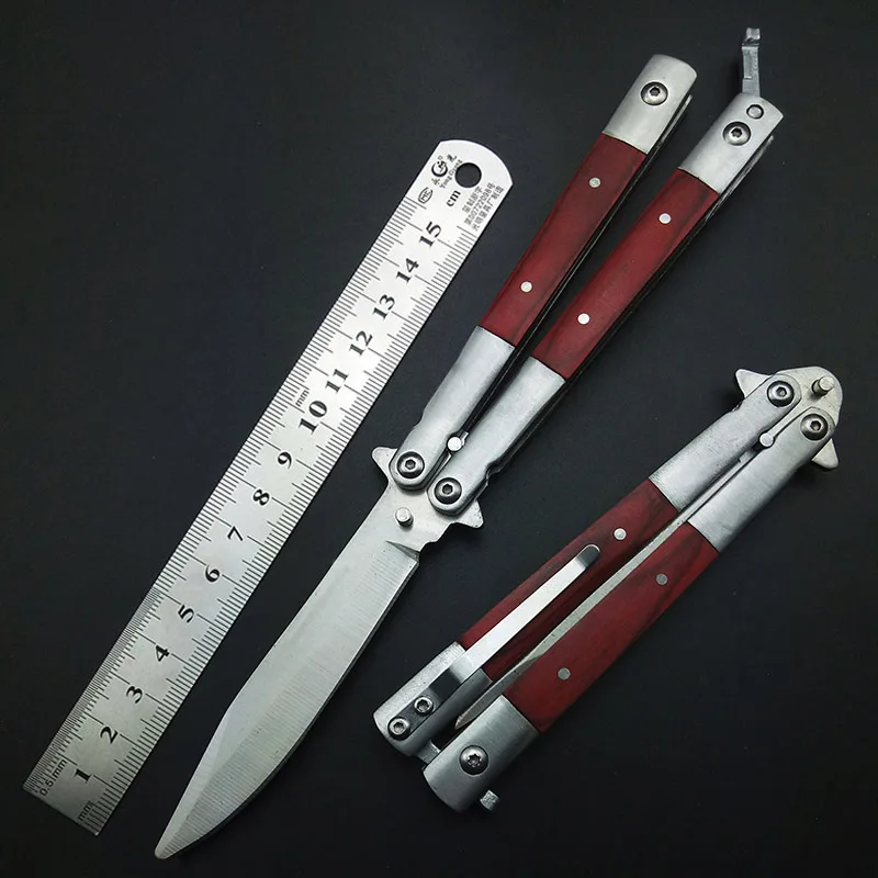 Comprare Farfalla Trainer Tools No Bordo Senza Spigoli Tattico Pratica Coltello rosso e nero Maniglia Di Legno con la guaina della copertura di ogni giorno carry