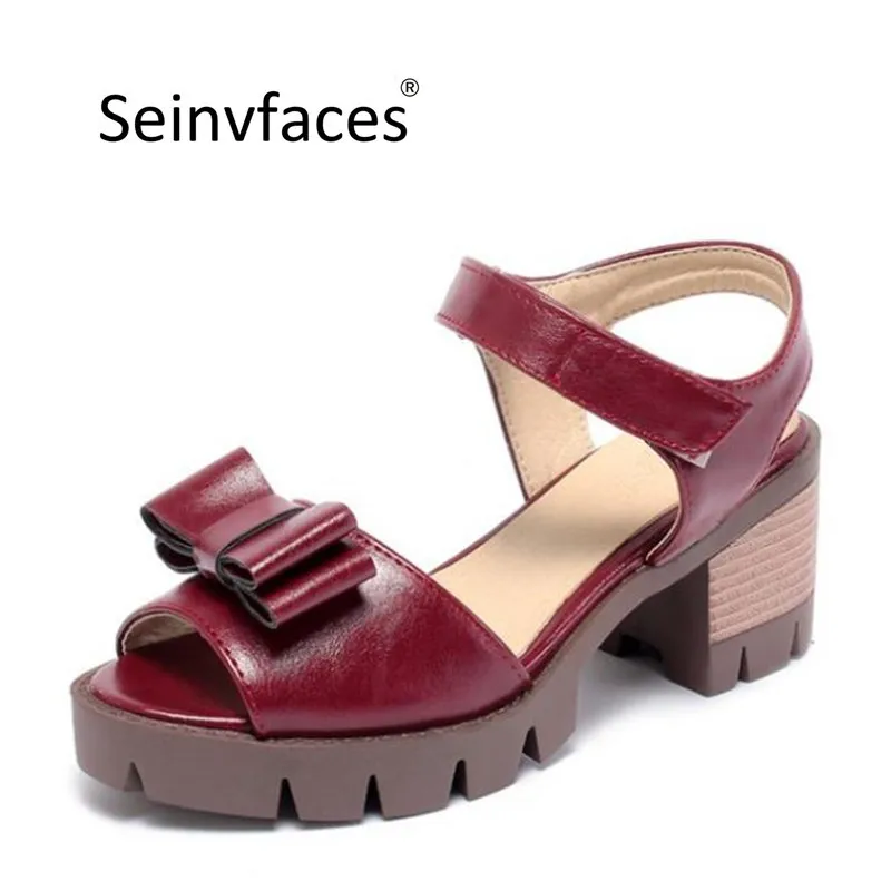 

Plus size 40 41 42 43 women summer retro wine red orange beige cute butterfly-knot platform peep toe square high heels sandals 3