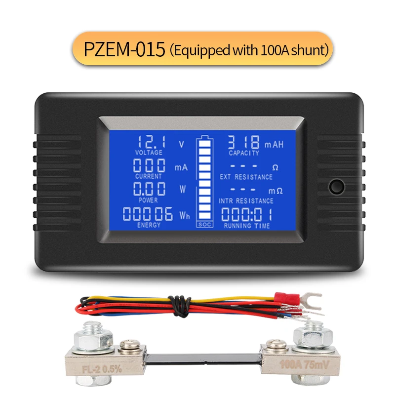 

Peacefair Battery Tester Discharge Capacity Power Ammeter Voltmeter Energy Meter Impedance Resistance PZEM-015 200v 100A shunt